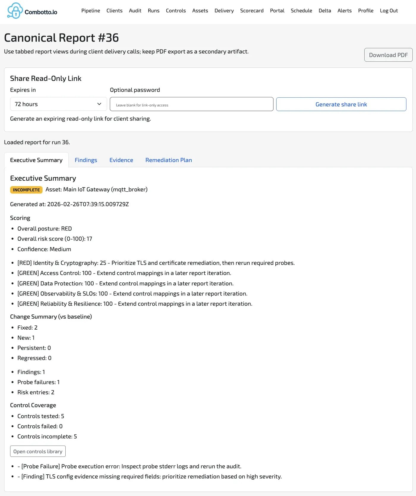 Canonical report view with executive summary, findings, and remediation tabs